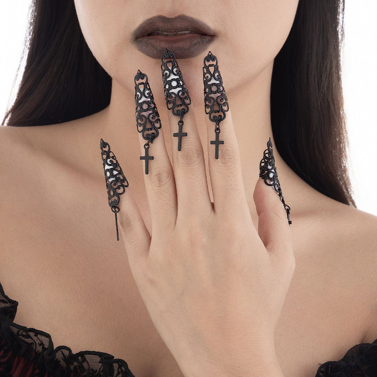 Adornment Gothic Hollow Conical Nail Set With Finger Ring, Niche Metal Tassel Ring For Women_ipsvogv.com