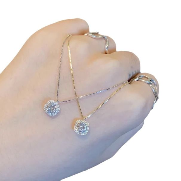 with S Plated Sterling Silver Square ! Diamond Necklace For Women's Summer 2023 Fashion, Light Luxury, Niche Design, Fashion, Luxury, Design,_ipsvogv.com