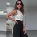 Women's Clothing fashion solid color oblique collar slim fit top high waist wide leg pants suit_ipsvogv.com