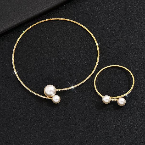 Bridal Wedding Dress Accessories Pearl Inlaid Diamond Adjustable Choker Necklace Bracelet Set 662_ipsvogv.com