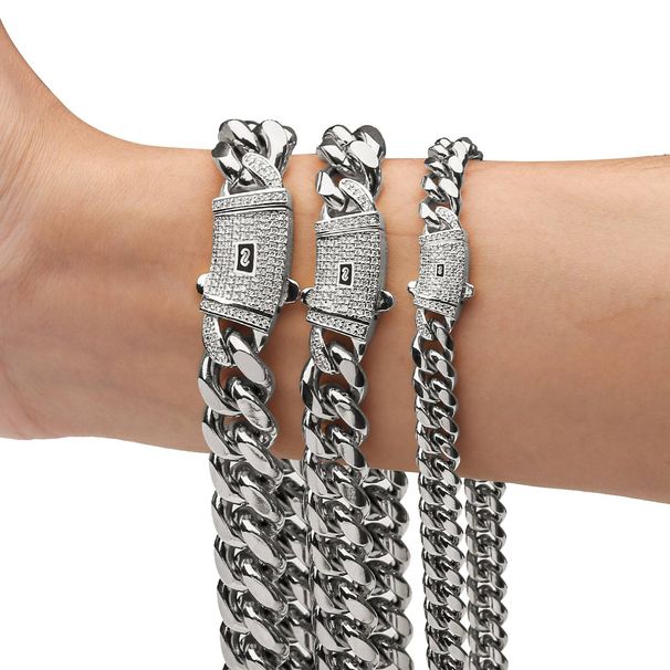 Men's Jewelry Stainless Steel Cuban Chain Necklace Miami Zircon Spring Buckle Men's Necklace Bracelet Popular Jewelry_ipsvogv.com