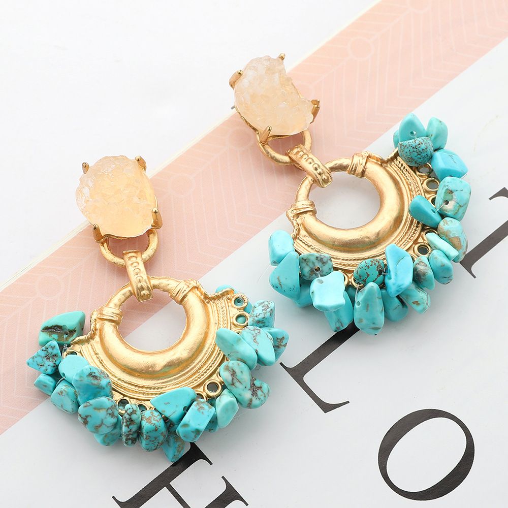 Fashion charm metal earrings exquisite fan shaped natural stone resin feminine temperament versatile earrings_ipsvogv.com