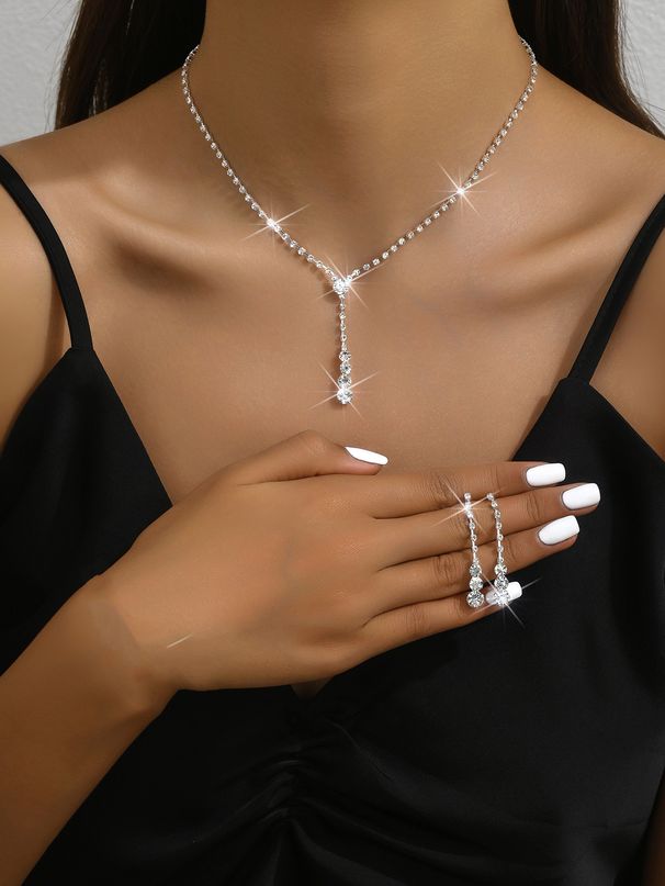 Women’s Jewelry Set Fashion Simple Long Tassel Rhinestone Necklace Bride Rhinestone Necklace Earrings Bracelet Set Three Piece Wedding Jewelry_ipsvogv.com