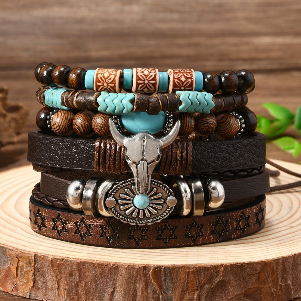 New Western Cowboy Style Leather Cow Head Turquoise Chicken Wing Wood Coconut Shell Men's 6-Piece Bracelet Set_ipsvogv.com