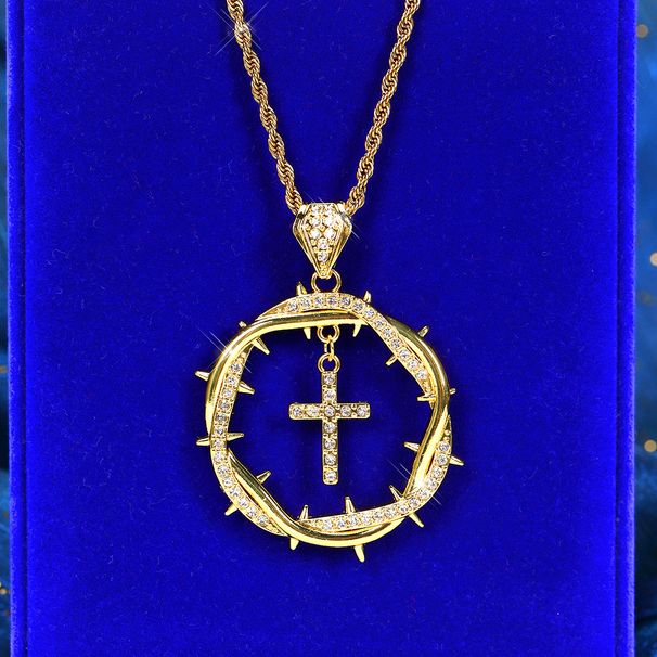 New Round Thorn Hollow Inlaid Rhinestone Virgin Cross Pendant Necklace Hip Hop_ipsvogv.com