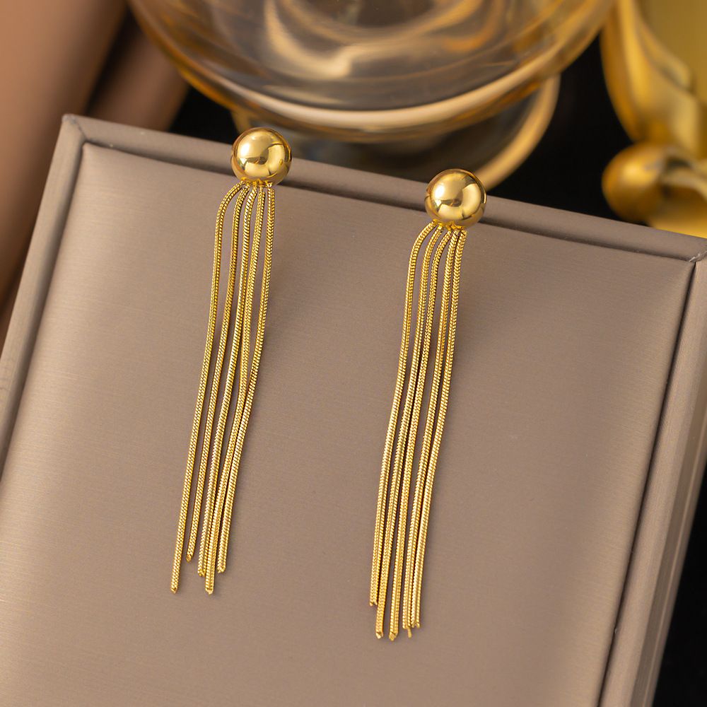 Fashionable Versatile New Titanium With Gold Stainless Steel Beads, Long Tassel Earrings And Accessories_ipsvogv.com