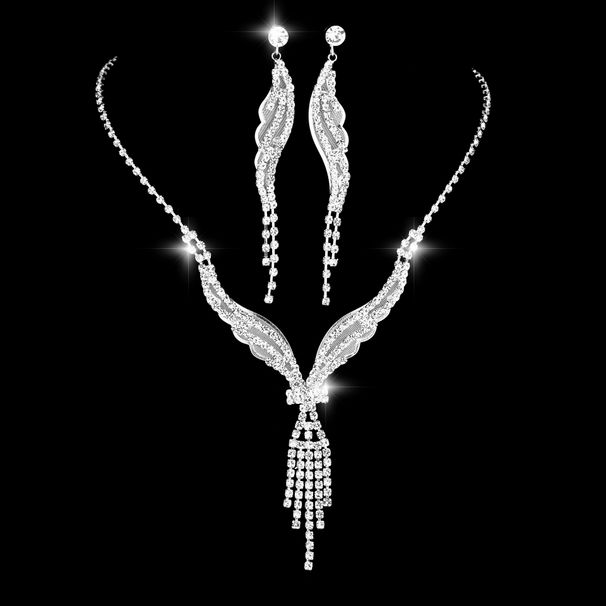 Silver Water Diamond Necklace & Earrings Set - Wing Design Wedding Jewelry For Women, Elegant 2-Piece Gift_ipsvogv.com