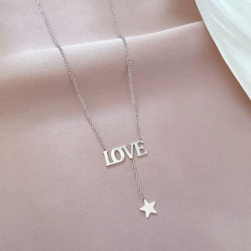 Body 【 Full Titanium Steel 】 Cool And Cool LOVE Star Minimalist Necklace For Women's Ins Mesh Red Collarbone Chain 【 】 【 】 【 】_ipsvogv.com