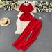 Women's Clothing retro fashion round neck short sleeved tie waist top two piece suit women's casual loose high waist wide leg trousers_ipsvogv.com