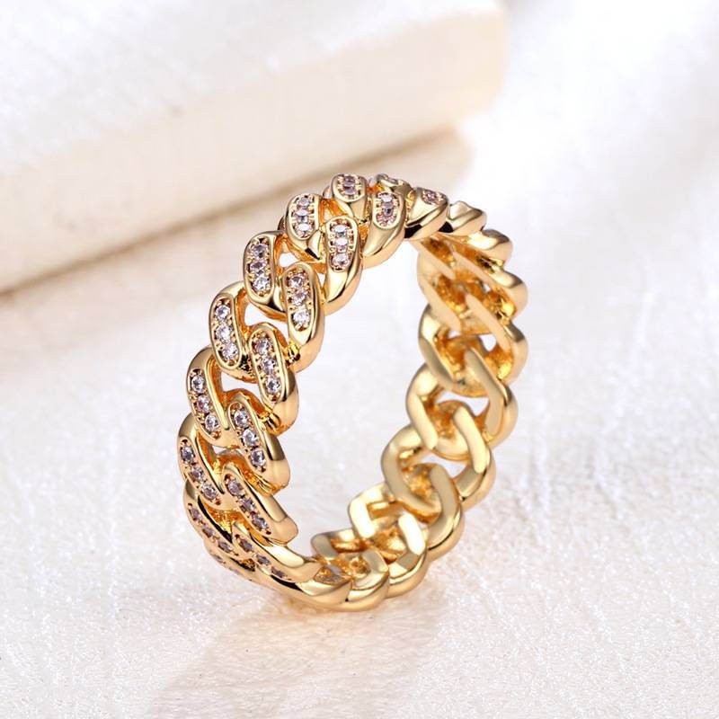 Hip hop zircon Cuban chain ring men's full zircon gold plated 8mm chain ring jewelry_ipsvogv.com