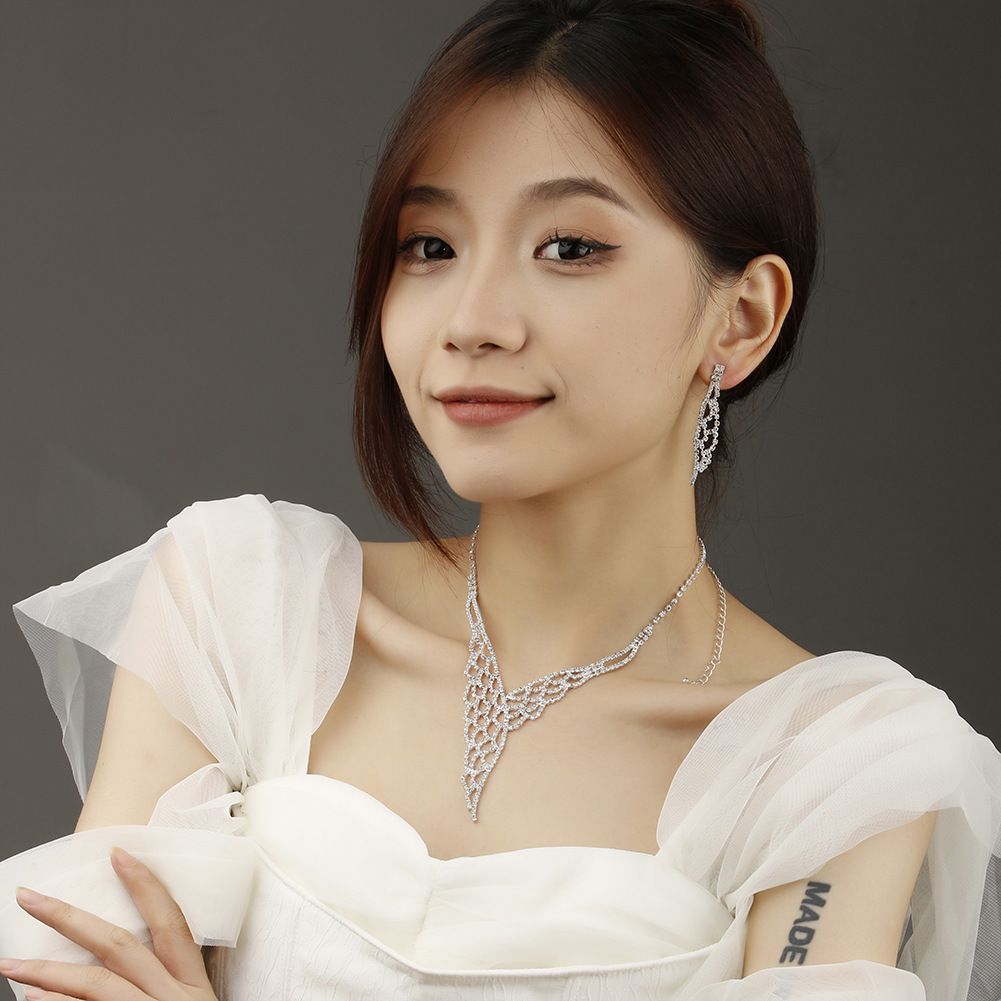 Luxury Bridal Jewelry Set - Sparkling Diamond Necklace & Earrings For Wedding (Water Drop Design)_ipsvogv.com