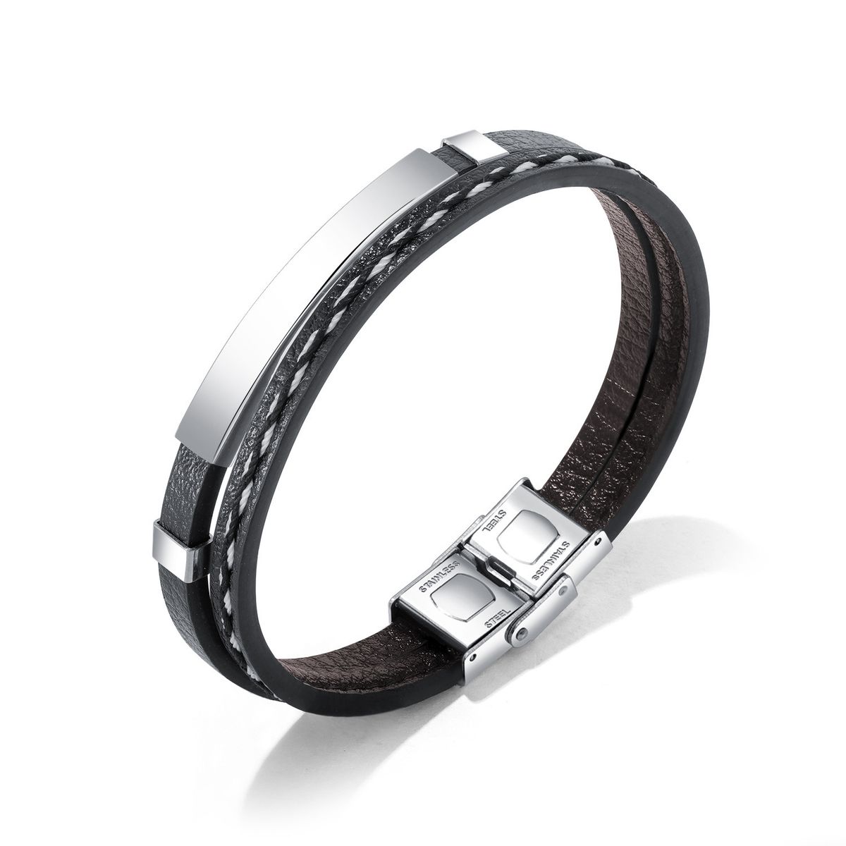 Fashion Ins Trend Classic Punk Style Stainless Steel Smooth Leather Multi-layer Woven Bracelet_ipsvogv.com