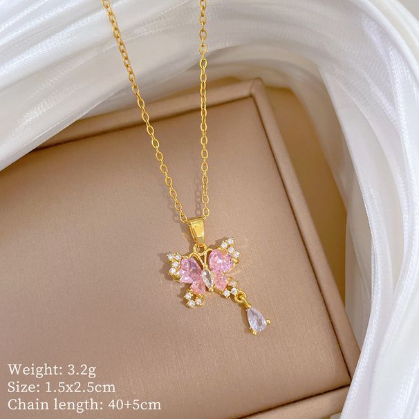 】 Pink 【 Butterfly Water Drop Light Luxury Charm Gorgeous Full Diamond Necklace Women's Versatile Clavicle Chain 【 】_ipsvogv.com