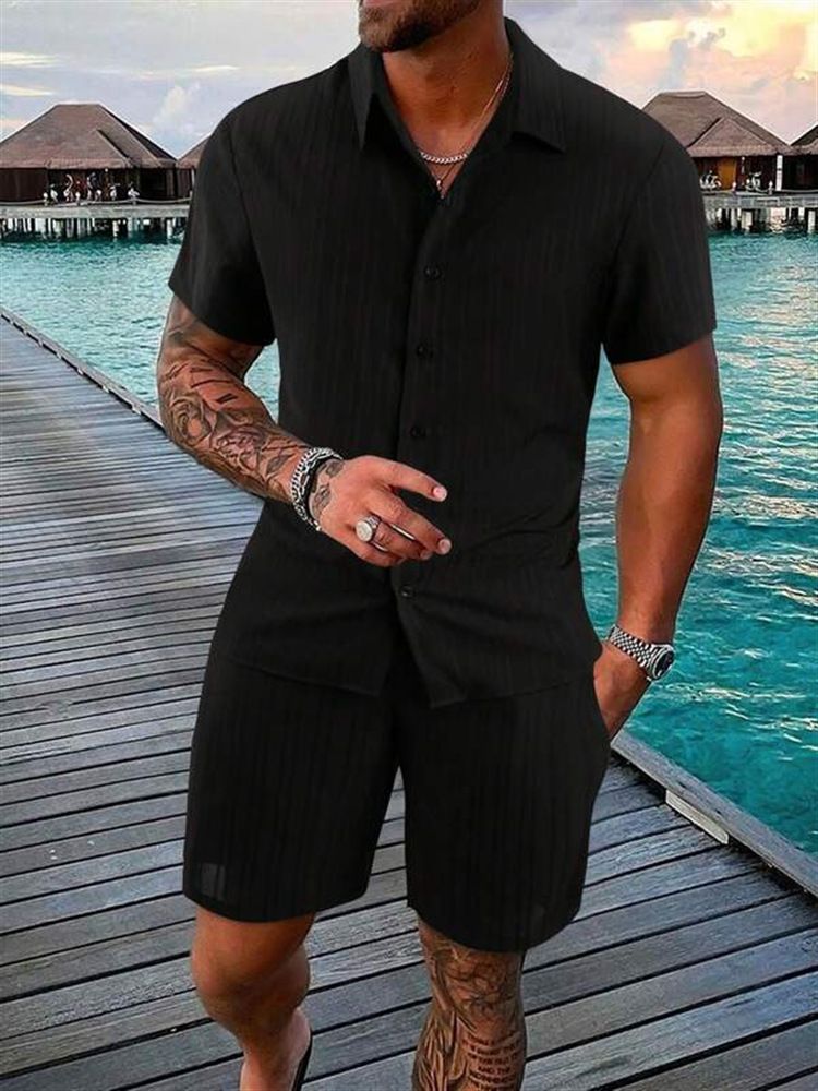 Men's Striped Lapel Shirt Shorts Trendy Casual Sports Suit_ipsvogv.com