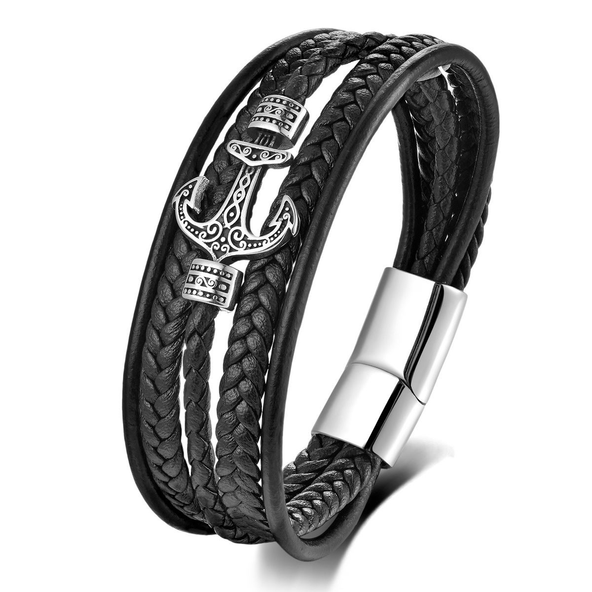 Men's Jewelry Leather Bracelet Stainless Steel Leather Braided Bracelet Anchor Multi Layer Leather Jewelry Bracelet_ipsvogv.com