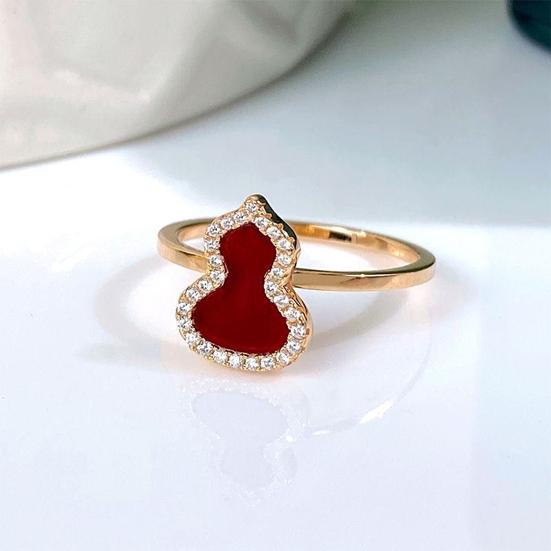 Kirin Gourd Thick Plated Rose Gold Mini Small Diamond Set Red Agate White Fritillary Food Ring For Women_ipsvogv.com