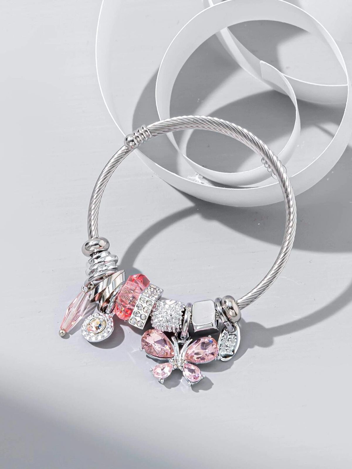 New Korean Edition Stainless Steel Open Butterfly Crystal Tassel Glass Beaded Bracelet, Female Handpiece_ipsvogv.com