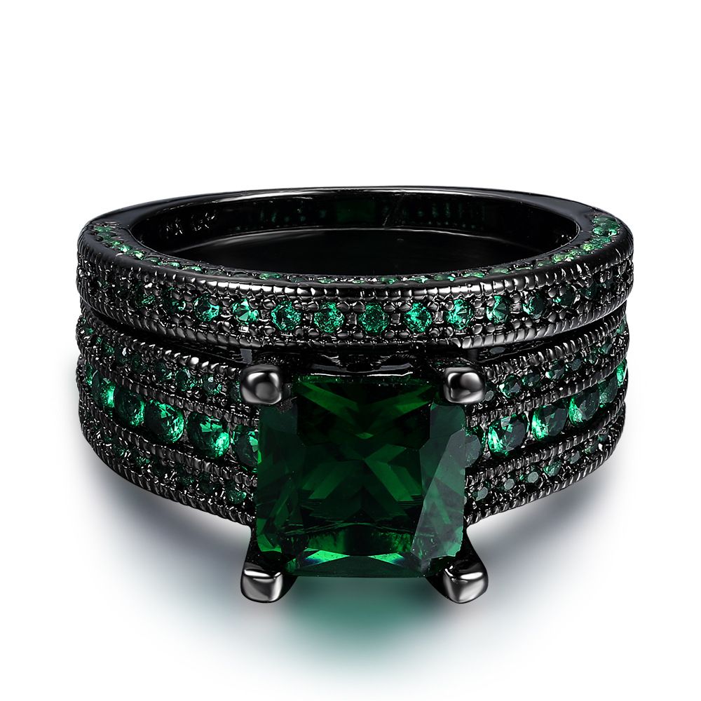 Fashion black gold ring, blue square zircon micro inlaid black gold plated double layer ring_ipsvogv.com