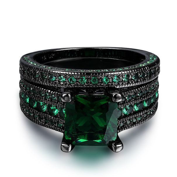 Fashion black gold ring, blue square zircon micro inlaid black gold plated double layer ring_ipsvogv.com