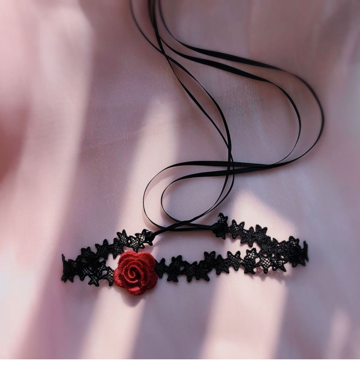 Black Lace Long Collarbone Necklace Wine Red Woven Rose Flower Neck Choker Tie Rope_ipsvogv.com