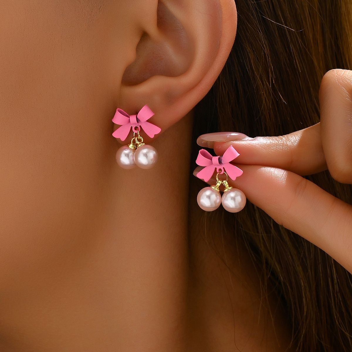 2024 minimalist new bow women's personality inlaid with pearls series pink earrings versatile ear accessories_ipsvogv.com