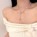 Sweet Pink Heart Beaded Necklace For Women With Ribbon Bowknot Tassel Collarbone Chain Choker_ipsvogv.com