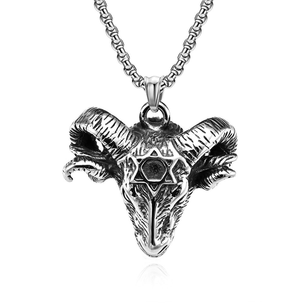 Retro style Satan goat head titanium steel necklace niche personality five pointed star devil goat pendant_ipsvogv.com