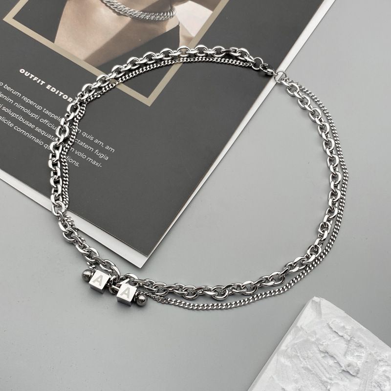 High End And Niche Double-layer Chain Splicing For A-letter Square Titanium Steel Necklace, Couple's Neutral Jewelry_ipsvogv.com