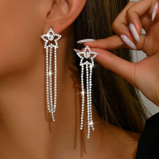 Unisex New Five Pointed Star Full Diamond Inlaid Zircon Long Tassel Earrings Female Luxury Temperament Bridal Earrings_ipsvogv.com