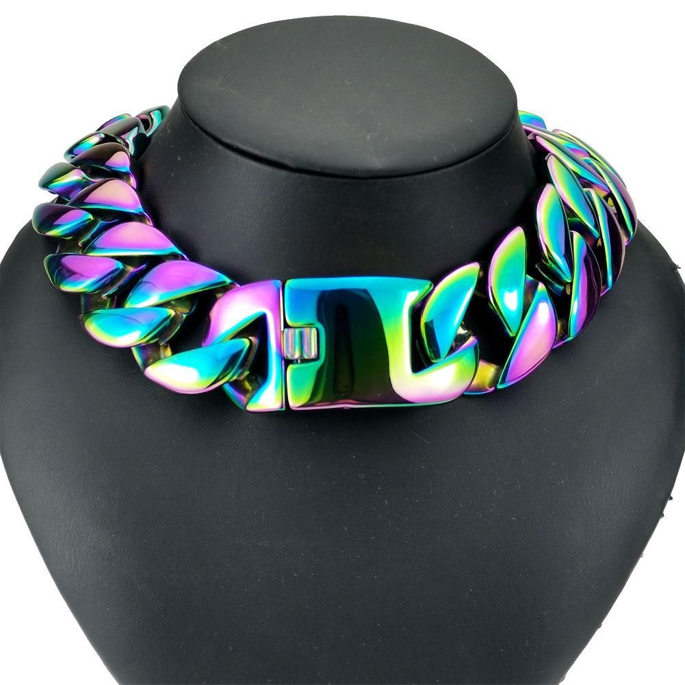 Rainbow Color Vacuum Plating 316L Stainless Steel Width 32mm Very Heavy 40-55cm Big Necklace_ipsvogv.com
