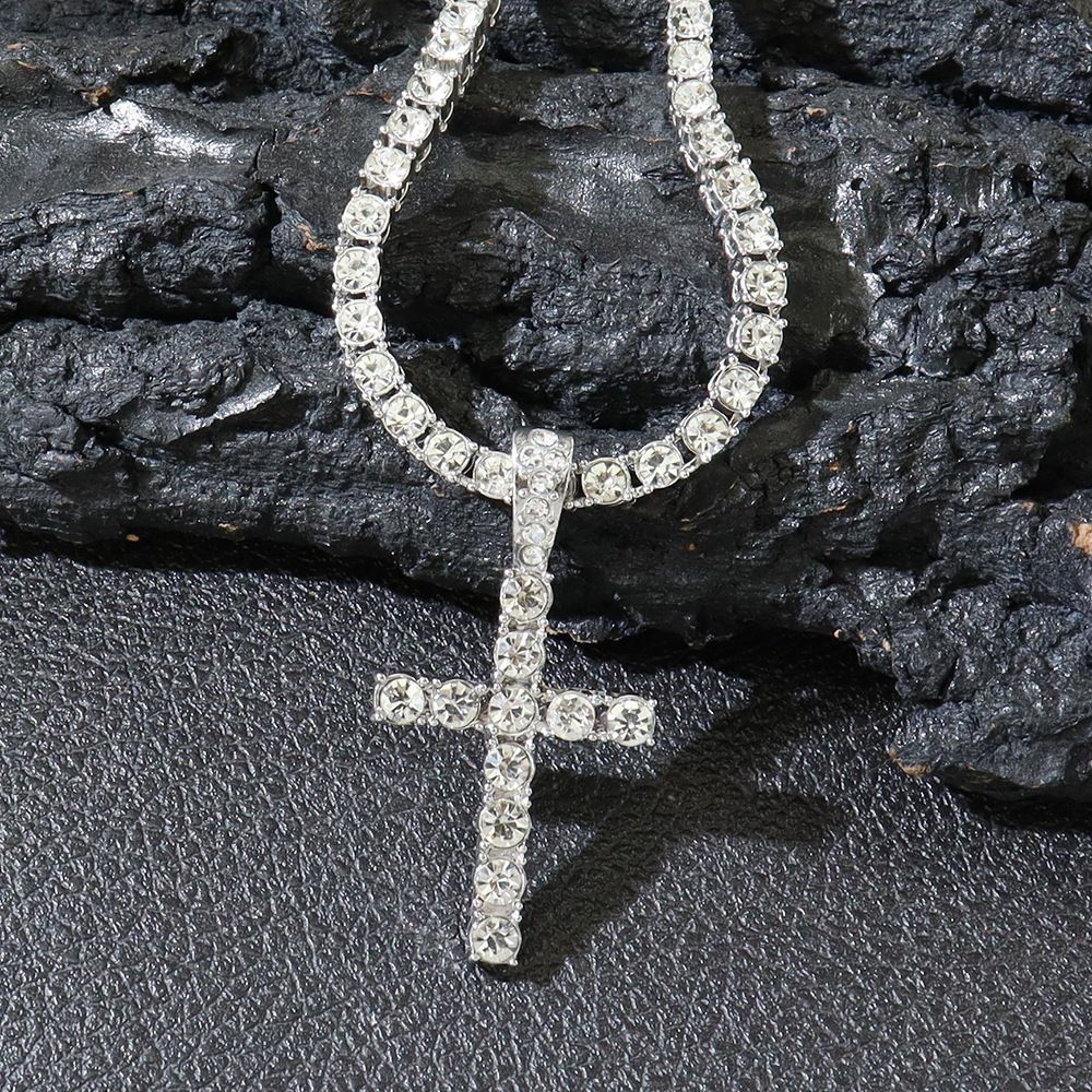 Hip-hop diamond-encrusted cross pendant necklace Cuban chain necklace full of diamond single-row Diamond Tennis chain trendy jew_ipsvogv.com