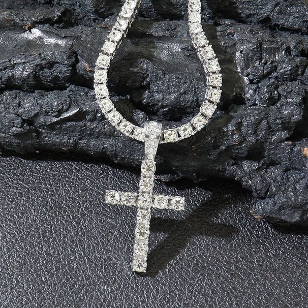 Hip-hop diamond-encrusted cross pendant necklace Cuban chain necklace full of diamond single-row Diamond Tennis chain trendy jew_ipsvogv.com