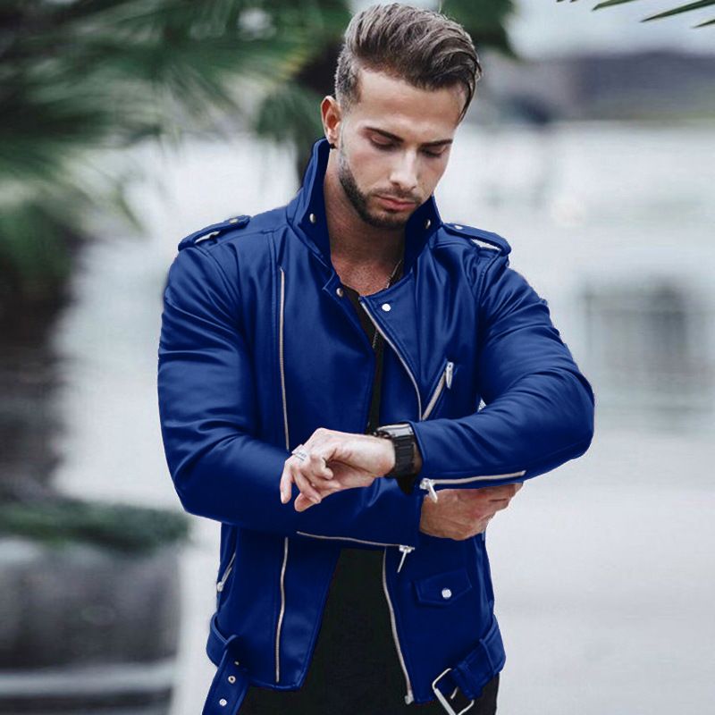 Men's autumn and winter new leather jacket with fashionable lapel zipper motorcycle leather jacket_ipsvogv.com
