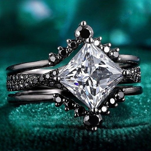 Sanjie Gun Black Three Piece Women's Ring With Square Zircon Sparkling Couple Set_ipsvogv.com