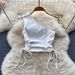 Women's Smocked Strappy Shoulder Vest Irregular Raw Edge Slit Denim Skirt Two-piece Set_ipsvogv.com