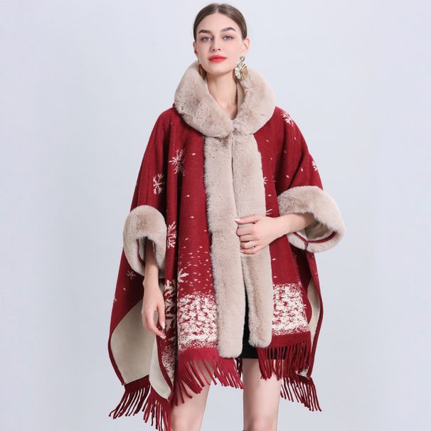 loose plaid plus velvet thick fur collar knitted shawl cape women's woolen shawl coat_ipsvogv.com
