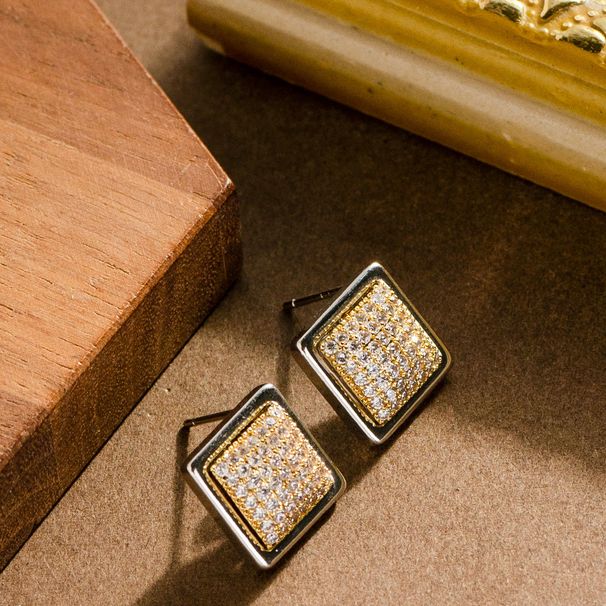 Internet Celebrity Fashion Bronze Zircon Geometric Square For Women, Exquisite And Versatile Silver Needle Earrings With_ipsvogv.com