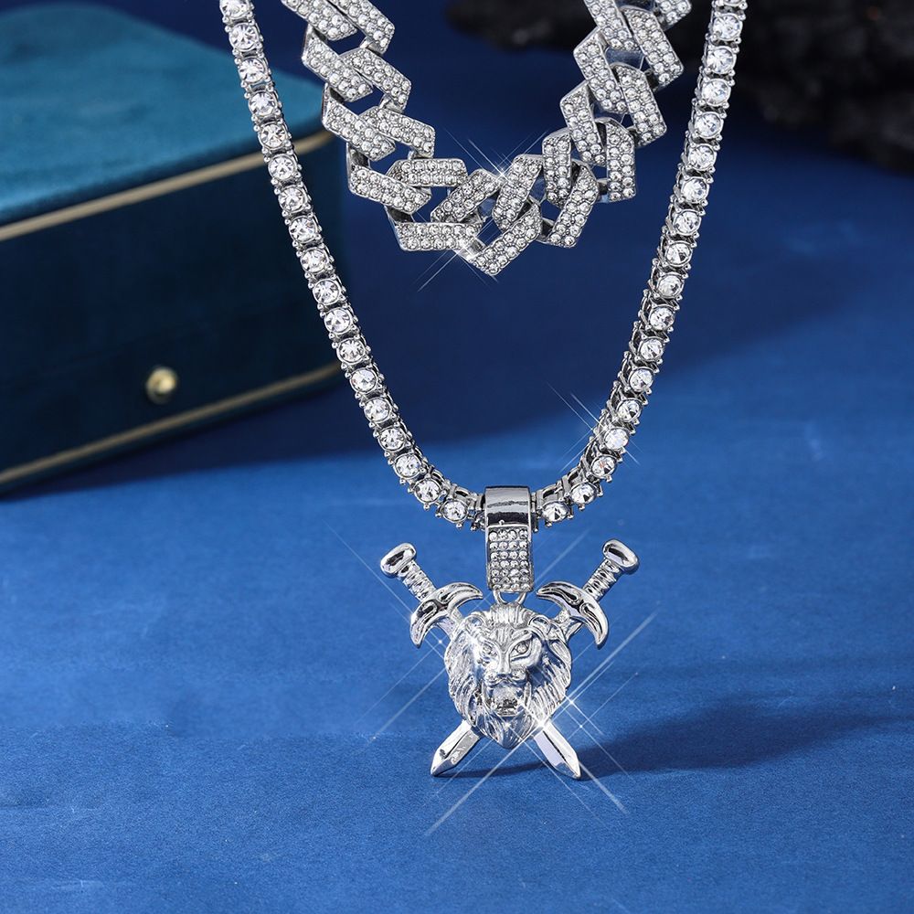 Double Sword Lion Head Zinc Alloy Pendant Fashionable Hip Hop Style Full Diamond Cuban Chain Exaggerated Men's Necklace_ipsvogv.com