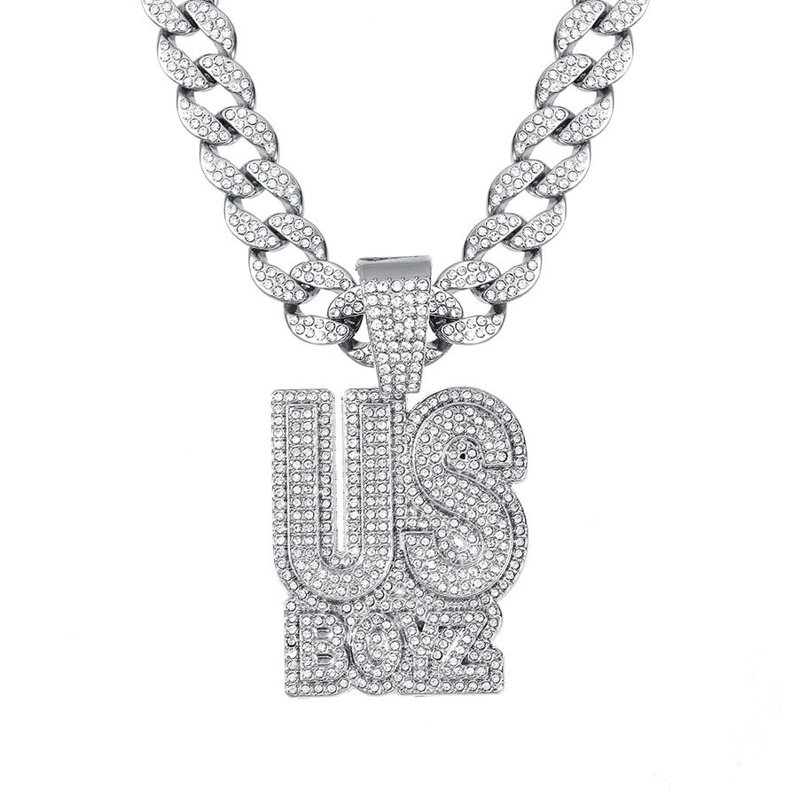 Unisex Hip Hop Letter US BOYZ Pendant Cross Border Hot Selling Nightclub Men's Accessories Personality Full Diamond Alloy Cuban Chain Necklace_ipsvogv.com