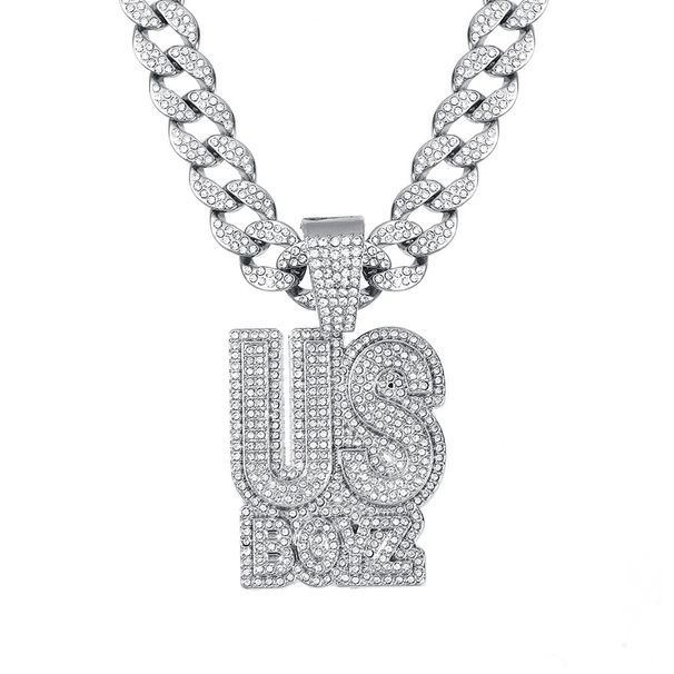 Unisex Hip Hop Letter US BOYZ Pendant Cross Border Hot Selling Nightclub Men's Accessories Personality Full Diamond Alloy Cuban Chain Necklace_ipsvogv.com