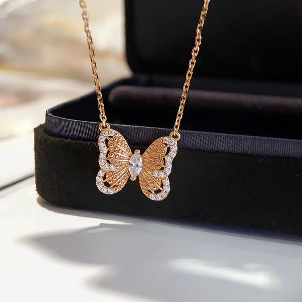 Light Luxury Niche Hollow Butterfly Necklace Clavicle Chain Design Sense Choker Brushed Gold Plated Lace Inlaid Diamond_ipsvogv.com