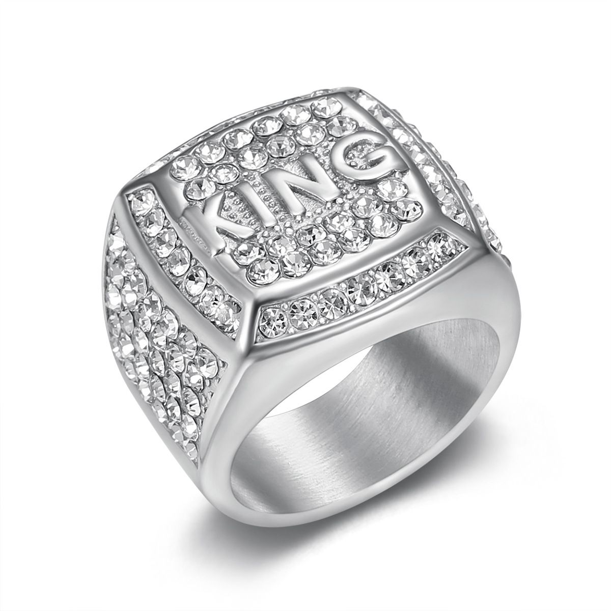 New Hip-Hop Titanium Steel Vacuum Gold Plated Inlaid With Diamonds KING Ring_ipsvogv.com