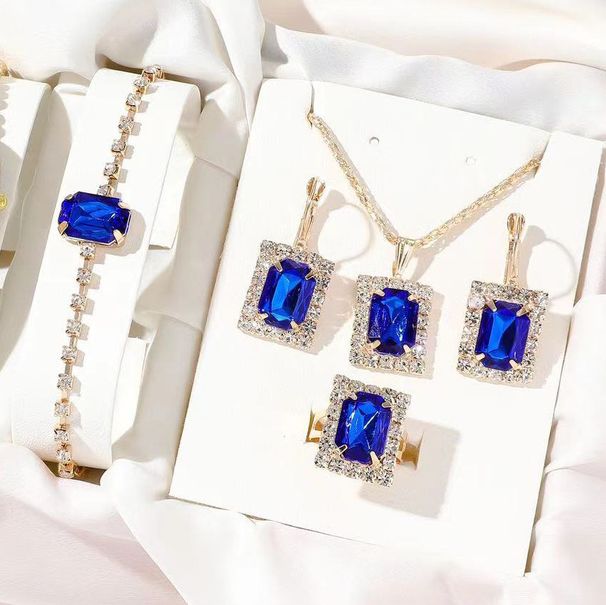 Crystal inlaid suit square necklace bracelet earrings ring four-piece bridal jewelry_ipsvogv.com