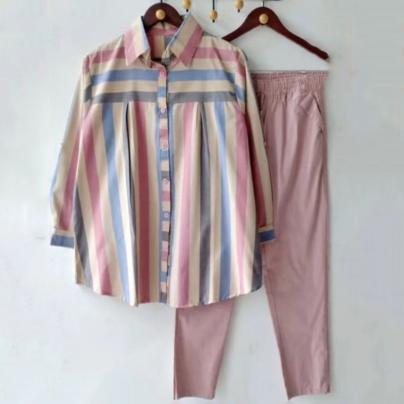 Women's Spring And Autumn Large Size Loose Fat MM Striped Collar Long-sleeved Fashion Sports Suit Two-piece Suit_ipsvogv.com