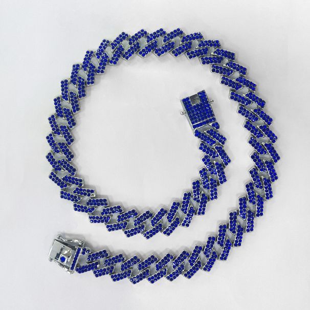 Diamond Shaped Double Row Blue Full Diamond Bar Chain 15mm Men's Hip-hop Jewelry Cuban Necklace_ipsvogv.com