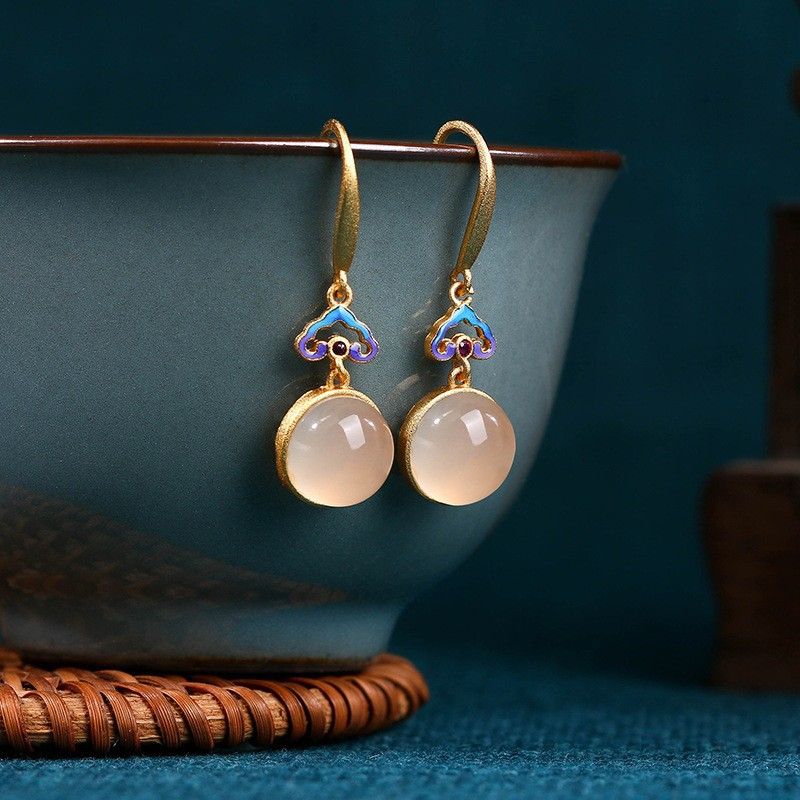 Color preserving gilded burnt blue natural chalcedony tremella needle earrings Xiangyun China-Chic wind live_ipsvogv.com