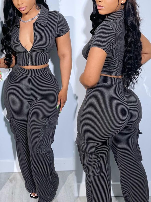 Women's new spring and summer new fashion zipper tops multi-pocket trousers casual solid color suits_ipsvogv.com