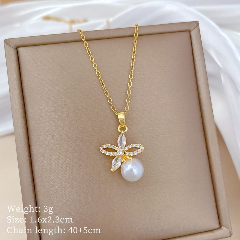 【 Titanium Steel 】 Necklace Earring Light Luxury Full Diamond Flower Pearl Personalized Temperament Banquet Earrings Set_ipsvogv.com