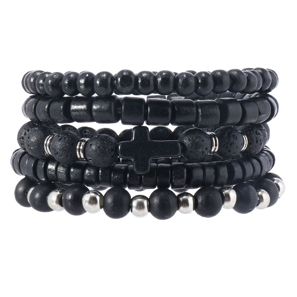 Fashion Dark Style Alloy Cross Wooden Bead Bracelet E-commerce Men's Volcanic Stone Beaded Bracelet_ipsvogv.com