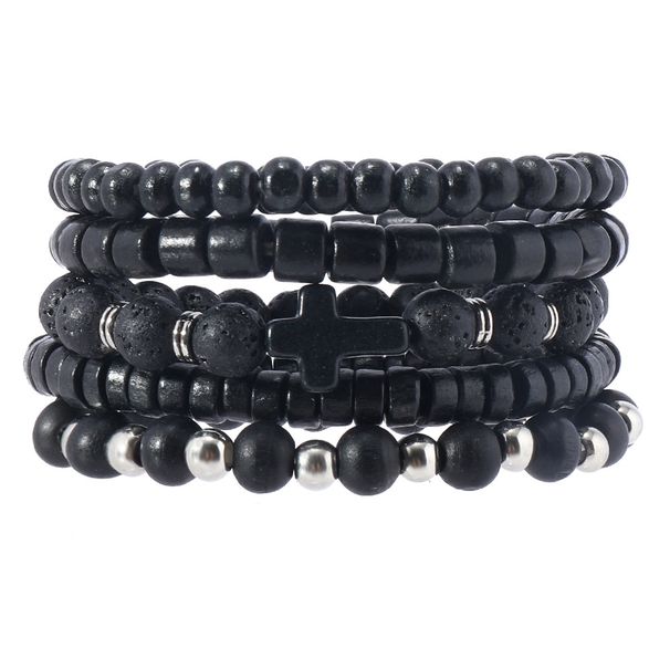 Fashion Dark Style Alloy Cross Wooden Bead Bracelet E-commerce Men's Volcanic Stone Beaded Bracelet_ipsvogv.com